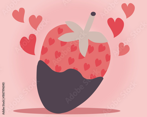 Chocolate dipped strawberry with heart pattern seeds and floating hearts illustration