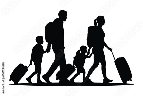 Family with Luggage Walking Silhouettes black