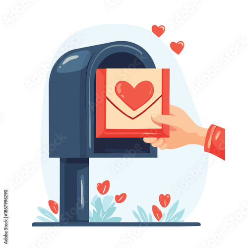 Human hand is taking out an envelope with heart sign from a mailbox