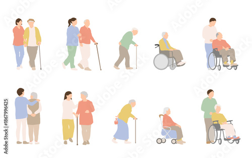 明るい配色の介助付きシニア外出イラストセット