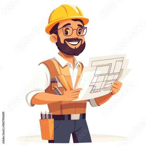 Two Construction Workers Reviewing Blueprints on Site. , vector style simple color