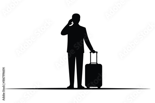 Silhouette of person with suitcase and phone travel