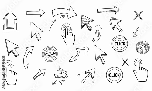 Hand drawn mix of lifestyle icons arrows and social media symbols