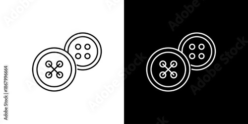 Minimalist outline icon showcasing two round sewing buttons with intricate swirl details, ideal for fashion, craft, or garment design projects and applications