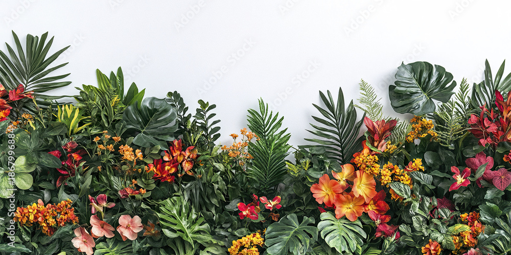 Fototapeta premium Vibrant tropical jungle scene with lush green leaves and exotic orange, red, and yellow flowers creating lively and colorful natural border against white background