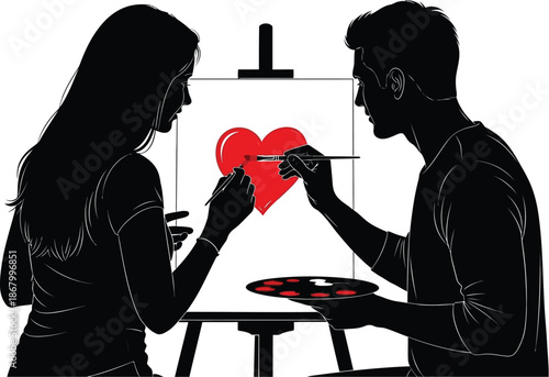 Silhouette of a couple painting a red heart on a canvas together, symbolizing love, romance, and artistic collaboration on a white background