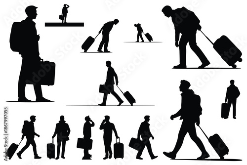 Silhouettes of people carrying luggage and backpacks