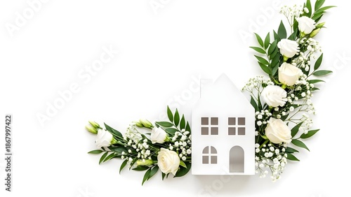 wedding bouquet with flowers, Elegant White Paper House Model with Floral Border of Roses and Green Leaves