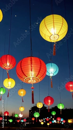 Colorful Chinese Lanterns Illuminated Against a Twilight Sky with City Silhouette