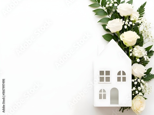 wedding bouquet with flowers, Elegant White Paper House Model with Floral Border of Roses and Green Leaves