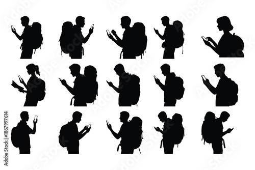 Silhouettes of backpackers using smartphones in various poses