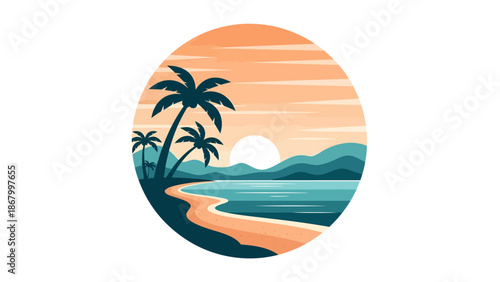Tropical beach sunset with palm trees and ocean waves.