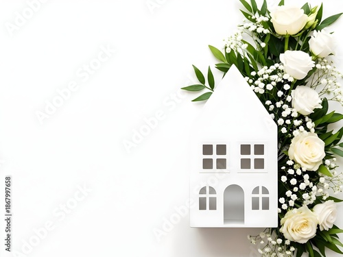 wedding bouquet with flowers, Elegant White Paper House Model with Floral Border of Roses and Green Leaves