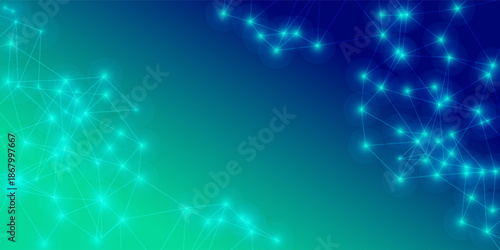 Futuristic Blue Green Digital Technology Background with Speed Connection, AI Big Data Network, Cyber Nano Information Flow, Abstract Communication Lines and Dots, Internet Innovation Concept