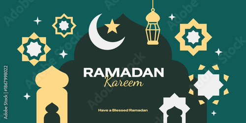Modern Ramadan Kareem design background with mosque and islamic geometric decorative elements