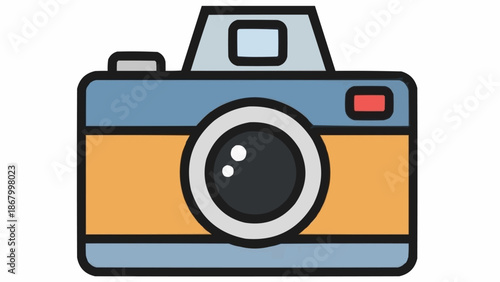 Retro style camera illustration with lens and viewfinder.