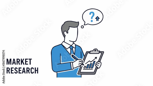 Man analyzing market research data on a clipboard with a question mark thought bubble.