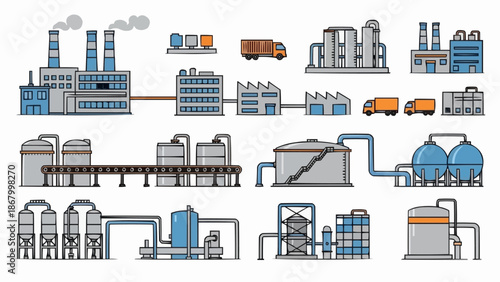 Industrial factory complex with multiple buildings and trucks.