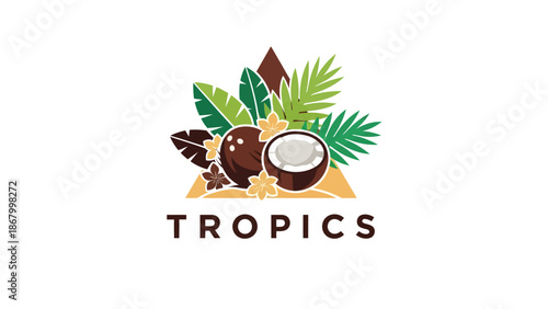 Tropical Coconut and Palm Leaves Emblem.