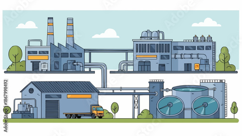 Industrial factory complex with pipes and tanks illustration.