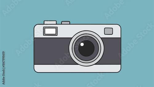 Retro style camera illustration on a blue background.