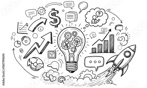 Complex hand drawn innovation map with lightbulb rocket and gears