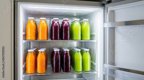 Refrigerator filled with colorful fresh juices in glass bottles, neatly organized on two shelves.