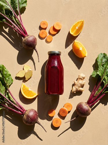 A bottle of beet juice surrounded by fresh beets, sliced carrots, orange wedges, and ginger on a light background.