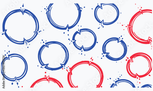 Abstract hand drawn painted circle rings and blue red textures