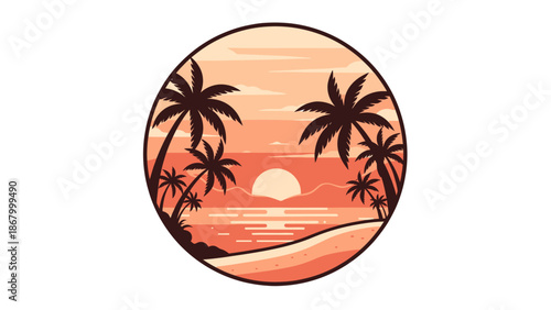 Tropical sunset with palm trees and ocean waves.