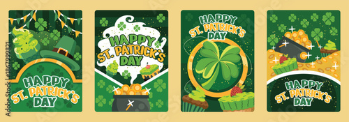 Festive st patrick s day illustrations with clover hats and celebratory treats