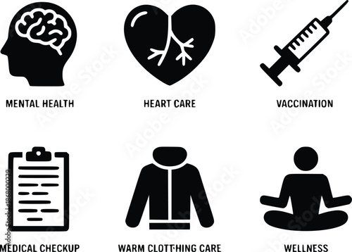 Healthcare icons depicting mental health heart care vaccination and overall wellness