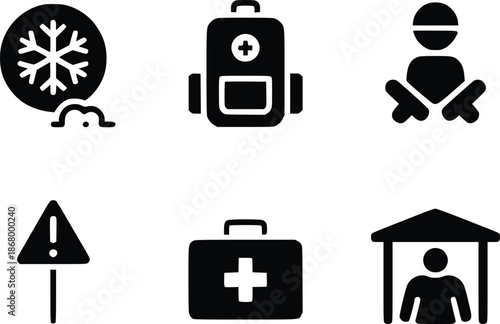 Set of simple black icons depicting safety weather and emergency elements