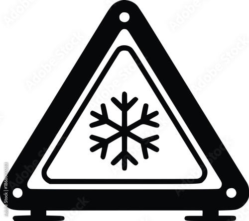A black and white illustration of a warning triangle with a snowflake