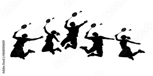 Vector illustration of a black silhouette featuring a team of jumping people and sport players in action during a fun soccer game or dance