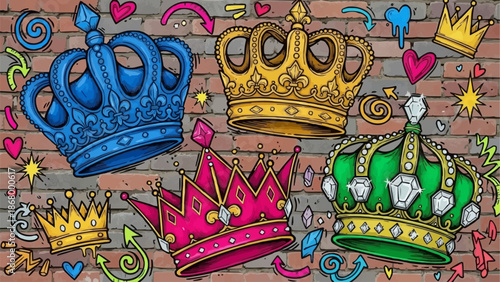 Collection of ornate crowns with colorful graffiti elements.