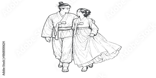 Vintage fashion illustration of a beautiful bride and groom in wedding dress featuring a black vector sketch of the married couple celebrating their romance and marriage ceremony art