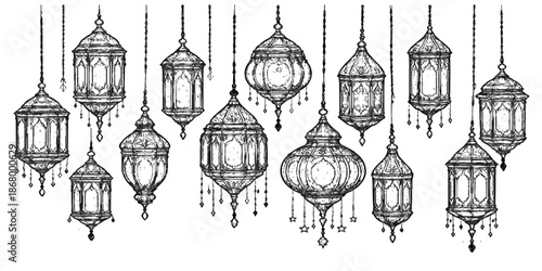 Vintage black and white sketch of an old European cathedral tower and church building architecture featuring a silhouette chain design and antique castle landmark vector illustration set