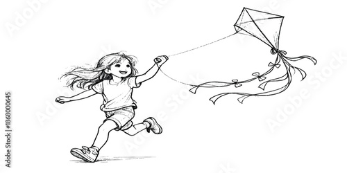 A cartoon illustration of a girl with a sword and a girl with a kite playing with a boy and a cupid angel in a fun vector line art design