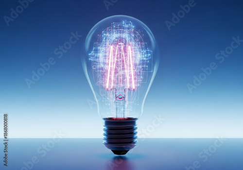 Glowing light bulb of colorful brilliance visualizing the spark of innovative thinking and creative ideation. Digital light bulb representing a new idea or technological innovation.