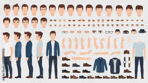 Man character creation kit with various hairstyles eyes and clothing options.