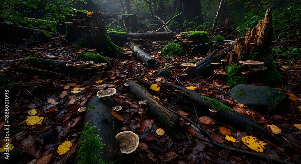 Obraz premium Fallen trees and mushrooms on the forest floor viewed from a low angle in a dense woodland