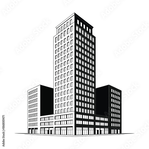 Black and white illustration of modern city skyscrapers and buildings