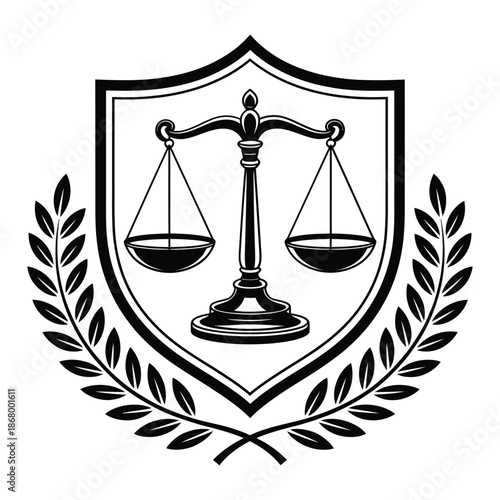 Black and white law scale shield emblem with laurel wreath symbol