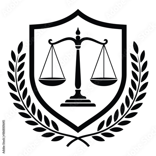 Black and white law symbol with scales and laurel wreath on shield