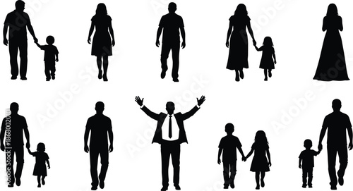 Family silhouette set showing parents children couples walking together isolated black people figures vector illustration for adobe stock design use