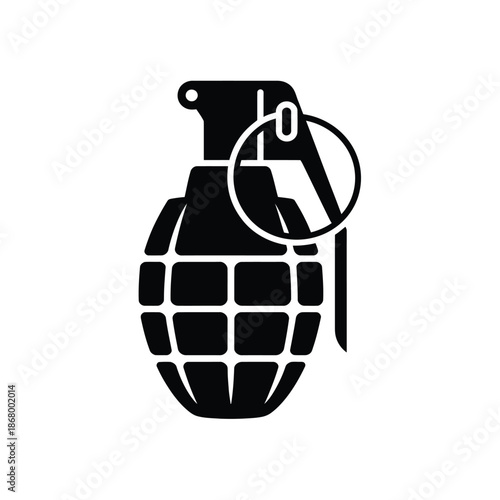 Black and white illustration of a hand grenade with pin and safety lever