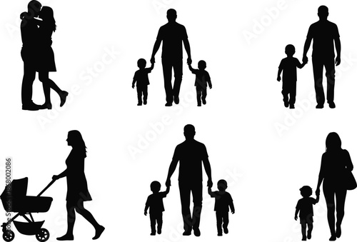 Family silhouette set with parents children couples walking love care bonding isolated black people figures vector illustration for adobe stock