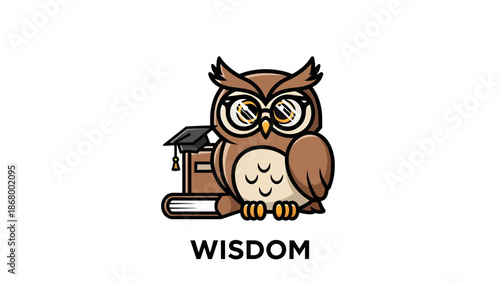 Wise Owl Wearing Glasses Next to Books and Graduation Cap.