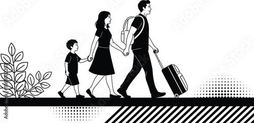 Family travel scene showing parents and child walking together with luggage backpack vacation journey isolated black vector design adobe stock